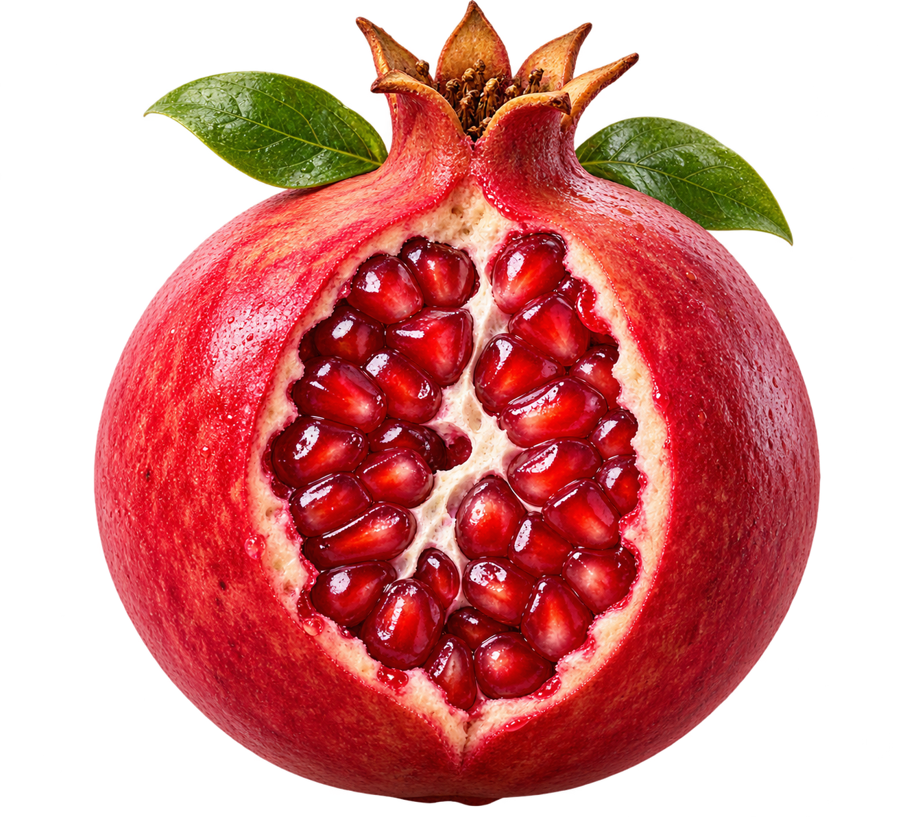 Cut pomegranate with ruby seeds and green leaves